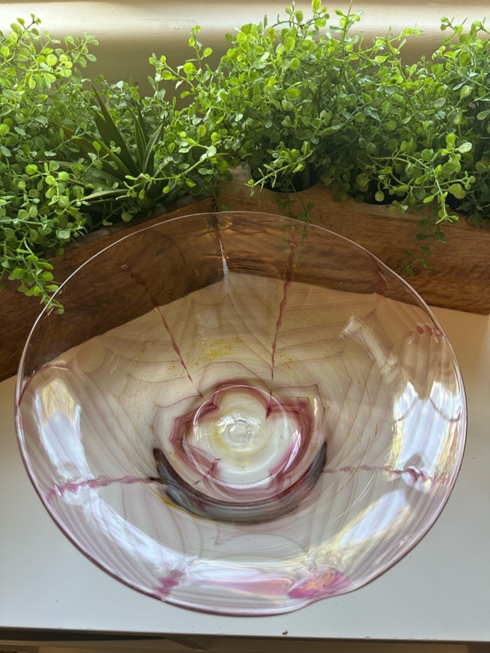 Handblown Glass Decorative signed Bowl M. Rhys Williams Clear Pink Yellow